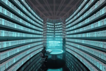 A person studies in a futuristic library with endless shelves of books and a glowing holographic display.の素材