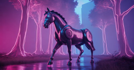 Futuristic Mechanical Horse in a Neon Forest at Duskの素材