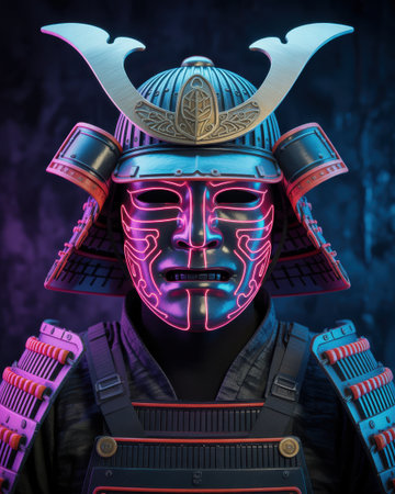 A detailed samurai mask and armor with glowing neon pink lines against a dark, moody background with blue and purple hues.の素材