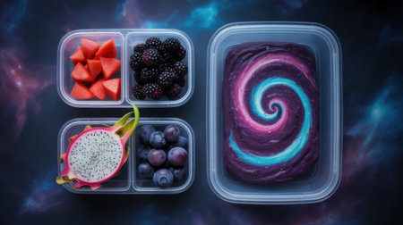 A lunchbox filled with colorful fruits and a galaxy-swirled treat on a cosmic background.の素材