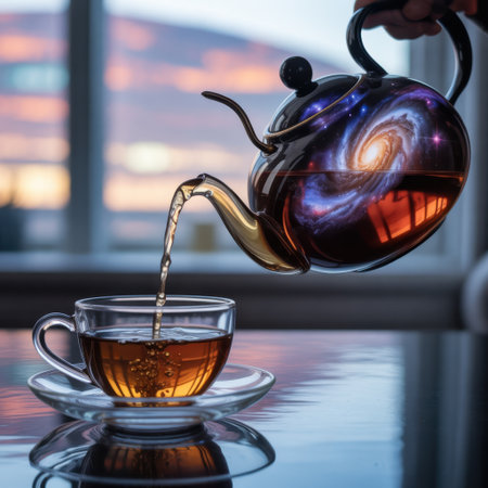 Galaxy Teapot Pours Cosmic Brew into a Glass Cup at Sunsetの素材