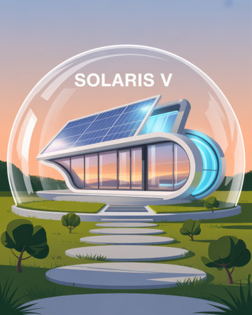 A futuristic house named Solaris V, with solar panels and a protective dome, set in a green landscape at sunset.の素材