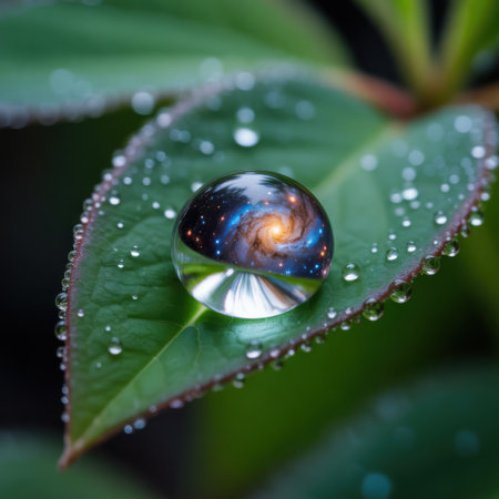 Galaxy Reflected in a Dewdrop on a Leafの素材