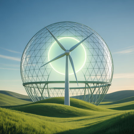 A futuristic wind turbine is encased within a large geodesic dome structure, set against a backdrop of rolling green hills and a clear blue sky.の素材