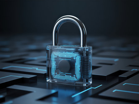 A transparent padlock with a glowing blue circuit board inside, symbolizing digital security and protection.の素材