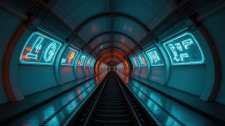 Futuristic Subway Tunnel with Neon Lights and Train Tracksの素材