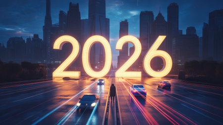 Giant illuminated numbers spelling 2026 dominate a wet city street at night with car light trails and silhouetted skyscrapers.の素材