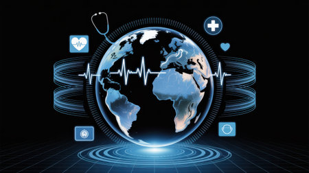 A futuristic digital globe surrounded by medical icons and data streams, representing global healthcare technology.の素材