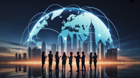 Silhouettes of business people stand before a glowing Earth and futuristic city, connected by a digital network.の素材
