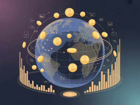 A stylized globe surrounded by gold coins and financial charts, symbolizing global finance and investment.の素材