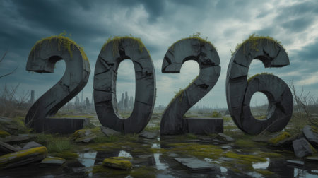 Giant stone numbers 2026 stand in a desolate landscape with a distant city skyline under a cloudy sky.の素材
