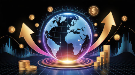 A futuristic depiction of global finance with a glowing earth, rising arrows, and currency symbols.の素材