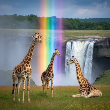 Giraffes and Rainbow Over Majestic Waterfall Landscapeの素材