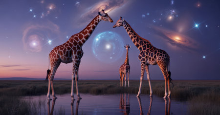 Giraffes in a Cosmic Landscape with Galaxies and Starsの素材