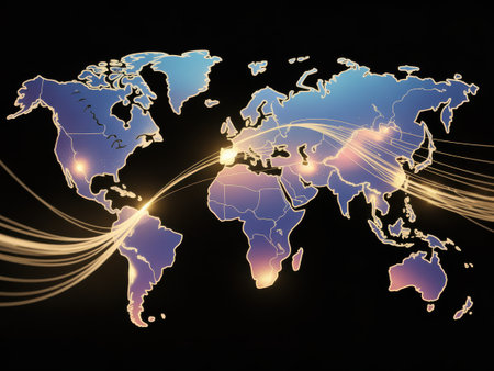 A stylized world map with glowing lines representing global connections and data flow.の素材