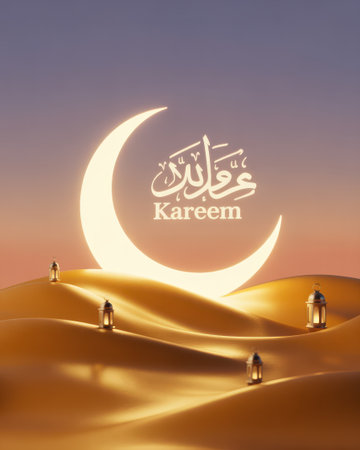 A glowing crescent moon and Arabic calligraphy hover above golden desert dunes dotted with lit lanterns under a soft twilight sky.の素材