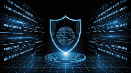 A futuristic 3D visualization shows a glowing blue shield protecting a digital globe filled with binary code. Lines of code and circuits emanate from the shield on a dark grid background.の素材