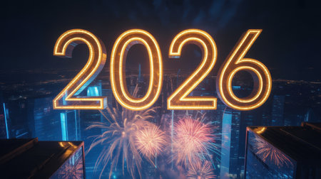 Large glowing orange numbers spelling 2026 are centered above a dark city skyline with blue illuminated skyscrapers and colorful fireworks.の素材