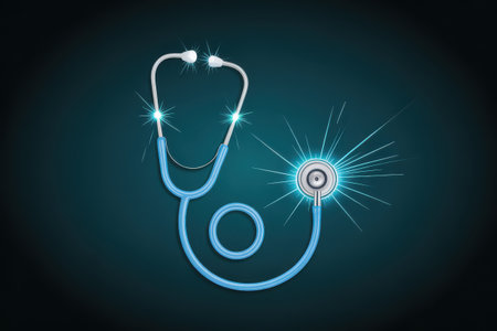A bright blue stethoscope glows with starbursts against a dark teal background.の素材