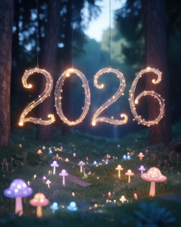 Glowing numbers spelling 2026 hang in a dark forest with luminous mushrooms scattered across the grassy floor.の素材