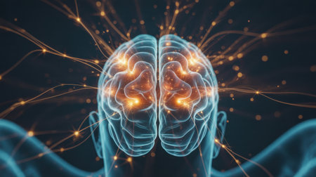 A glowing, transparent brain with bright sparks and neural network connections against a dark background.の素材