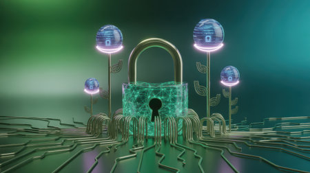 A glowing green digital padlock sits amidst a network of metallic circuit board wires and abstract spheres displaying lock icons and binary code.の素材