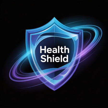 A glowing blue and purple shield with "Health Shield" text, set against a dark background with abstract light swirls.の素材