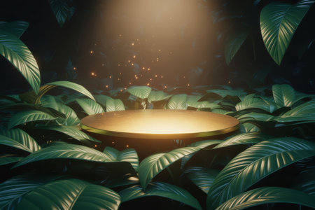 A circular golden platform sits amidst dense, dark green tropical leaves. Soft light illuminates the platform and creates glowing particles in the background.の素材