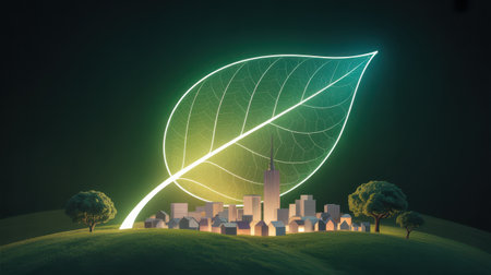 A glowing leaf symbol hovers over a miniature cityscape nestled on a grassy hill with trees.の素材
