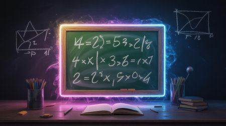 A glowing chalkboard displays complex math equations, surrounded by school supplies on a wooden desk.の素材