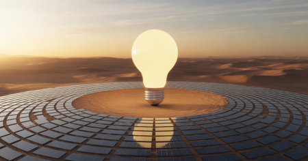 Glowing Lightbulb on Solar Panels in a Desert Landscape at Sunsetの素材