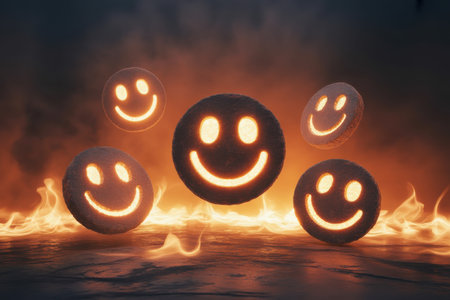 Five glowing smiley faces float above a bed of intense orange flames against a dark, smoky background.の素材