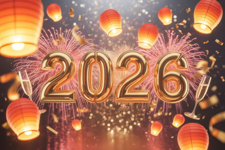 Golden 3D numbers 2026 float amidst pink fireworks, glowing orange lanterns, and falling confetti. Champagne glasses add to the festive atmosphere.の素材