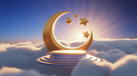 Golden crescent moon and stars on a tiered podium above soft clouds. Sun rays emanate from behind the moon against a blue sky at dawn.の素材