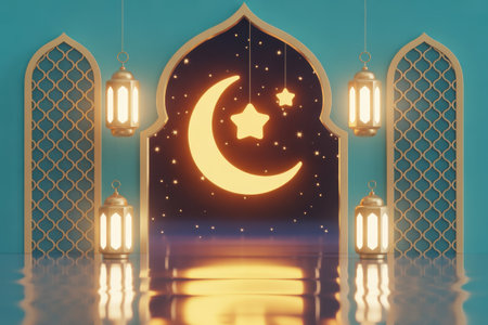 A golden crescent moon and stars glow within an arched window frame against a dark teal background, with ornate lanterns hanging.の素材