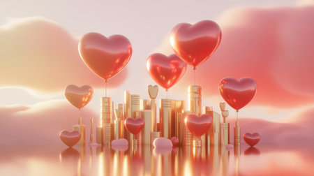 Golden cityscape with red heart balloons floats against a soft pink and orange sky with clouds and reflections.の素材