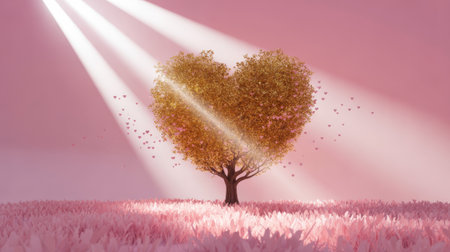 A golden heart-shaped tree stands in a pink field with pink hearts floating around. Light rays shine down on the scene.の素材