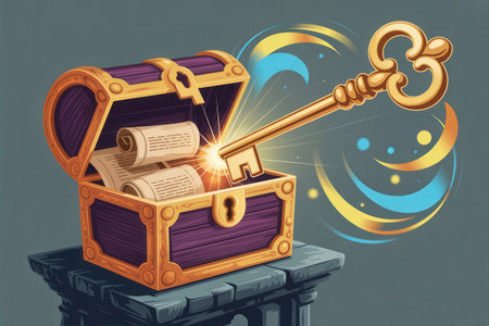 A golden key is shown unlocking a purple treasure chest filled with scrolls, emitting a magical glow.の素材