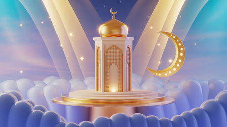A golden mosque dome sits atop a white structure on a tiered podium surrounded by fluffy clouds. A glowing crescent moon with lights is nearby.の素材