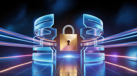 A golden padlock floats centrally between two glowing blue futuristic structures, illuminated by neon pink and blue light streaks.の素材