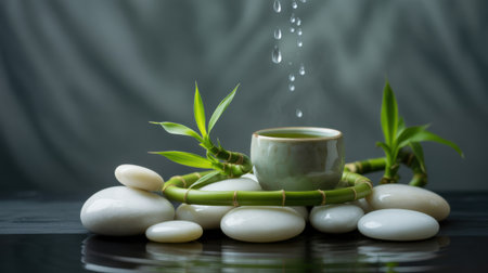 A green tea cup sits amidst smooth white stones and a curved bamboo stalk, with water droplets falling above.の素材