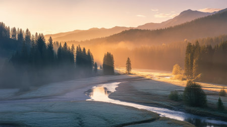 Golden light of sunrise illuminates a misty mountain valley with a winding river reflecting the sky and pine trees shrouded in fog.の素材