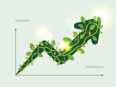 A green arrow graph intertwined with vines and leaves, symbolizing business growth and progress.の素材