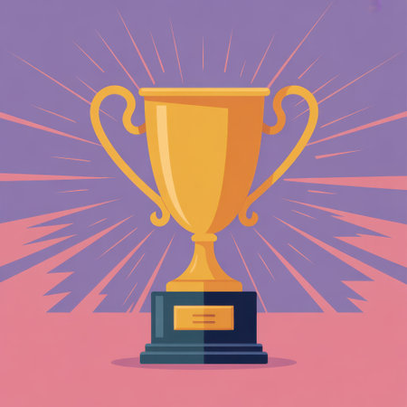 A golden trophy stands proudly against a vibrant purple and pink background with radiating lines.の素材