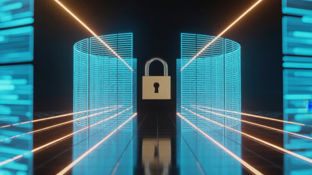 A golden padlock floats in a dark, futuristic tunnel with glowing blue grid structures and orange light lines.の素材