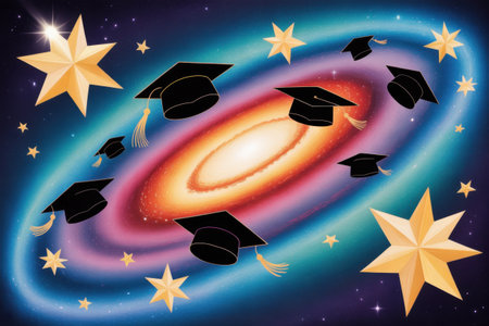 Graduation caps and golden stars drift through a vibrant, swirling galaxy in this symbolic illustration.の素材