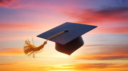 A dark blue graduation cap with a gold tassel floats against a colorful sunset sky.の素材