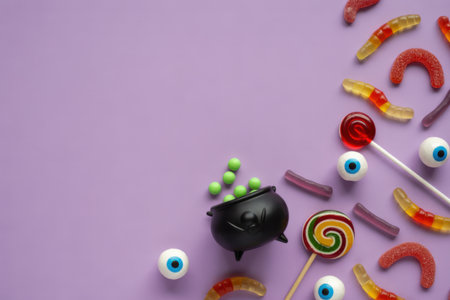 A flat lay arrangement of Halloween candies including gummy worms, eyeball candies, lollipops, and a cauldron with green potion balls on a purple background.の素材