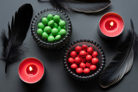 Overhead view of two glass bowls filled with red and green candies, surrounded by black feathers and lit red candles on a dark grey surface.の素材
