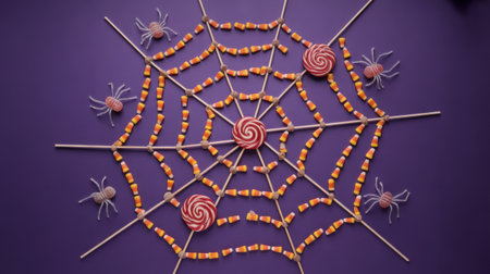 A Halloween spiderweb made of candy corn and lollipops, with candy spiders on a purple background.の素材